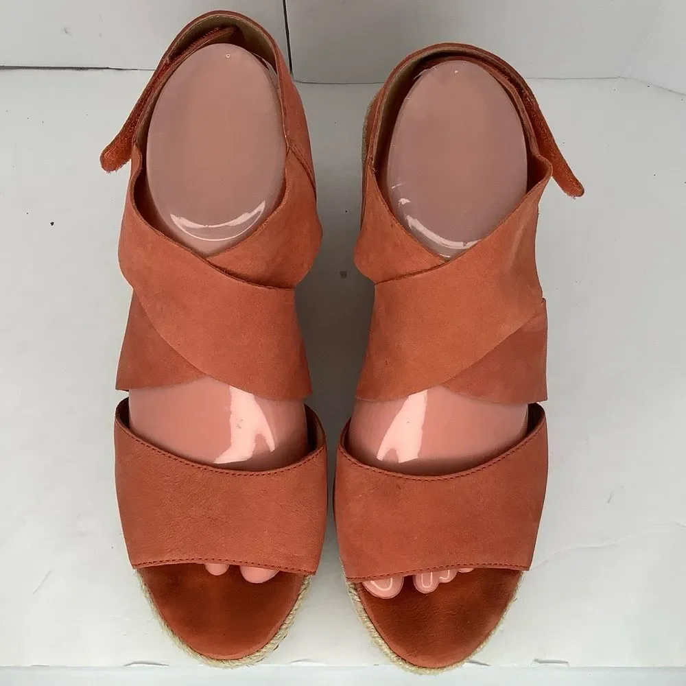 Eileen Fisher Willow Tumbled Orange Leather Wedge Espadrille Women Sandals Sz 9
